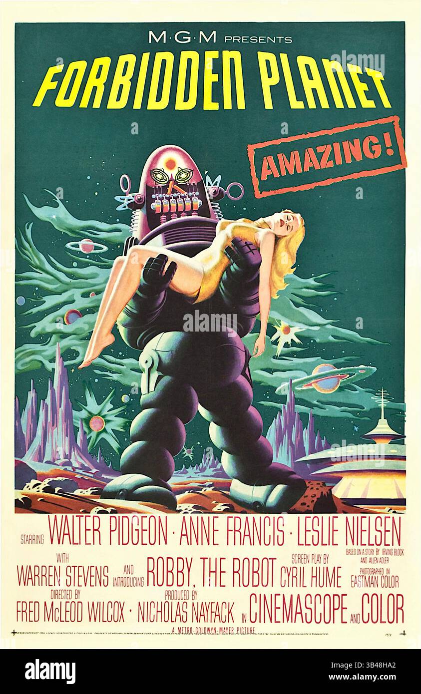 Theaterposter für den US-amerikanischen Science-Fiction-Film Forbidden Planet (1956) mit Robby the Robot. Stockfoto Theaterposter für den US-amerikanischen Science-Fiction-Film Forbidden Planet (1956) mit Robby the Robot. Stockfoto
