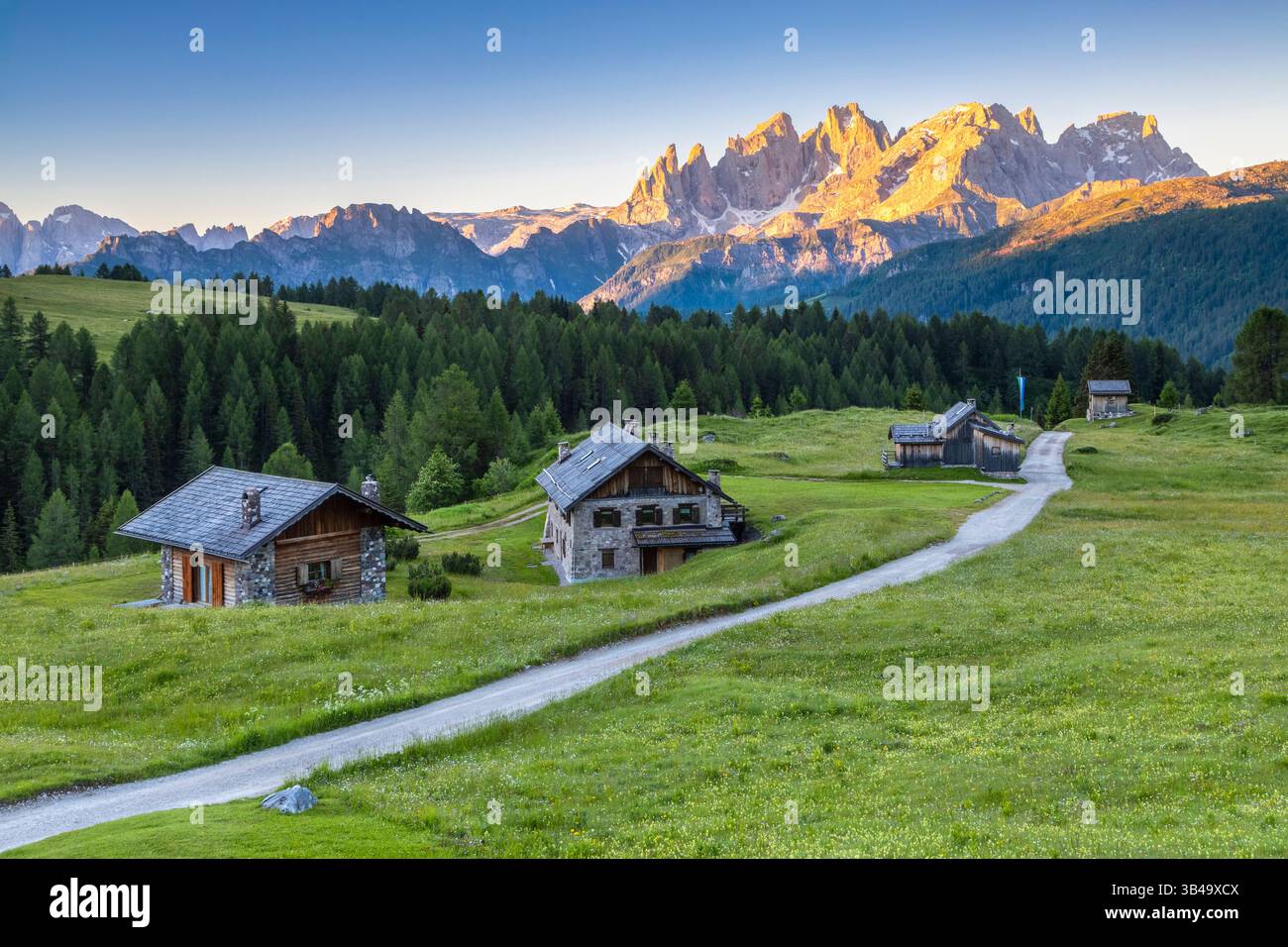 Blick auf die Pale di San Martino Fuciade. Pass San Pellegrino, Dolomiten, Provinz Trient, Trentino Südtirol, Italien, Europa. Stockfoto