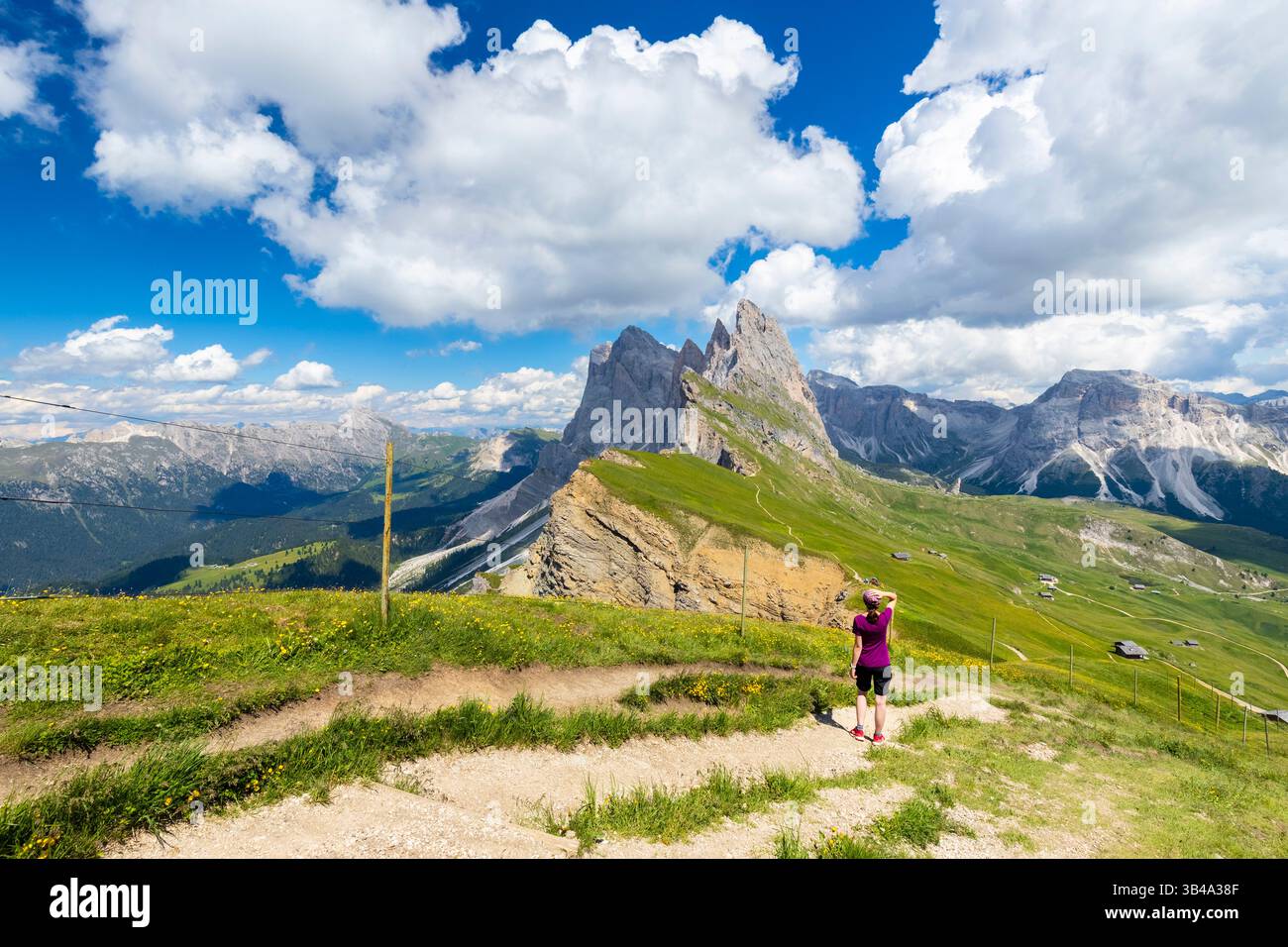 Blick auf die Geißelberge von Seceda im Sommer. St. Ulrich, Provinz Bozen, Trentino Südtirol, Italien. Stockfoto