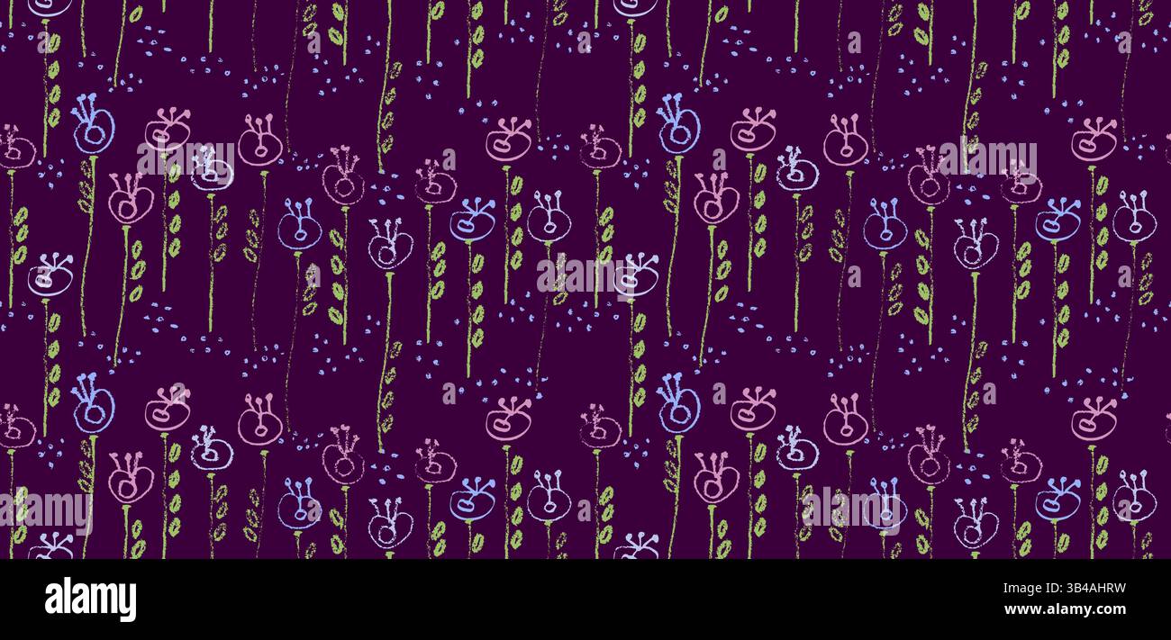 Handgezeichnetes Holzkohle-Doodle-Blumendekor nahtloses Muster im kindlichen Mädchenstil. Bleistiftzeichnungen Farbelemente auf dem Schwarzen Brett. Kreidekreide mit Grunge Stock Vektor