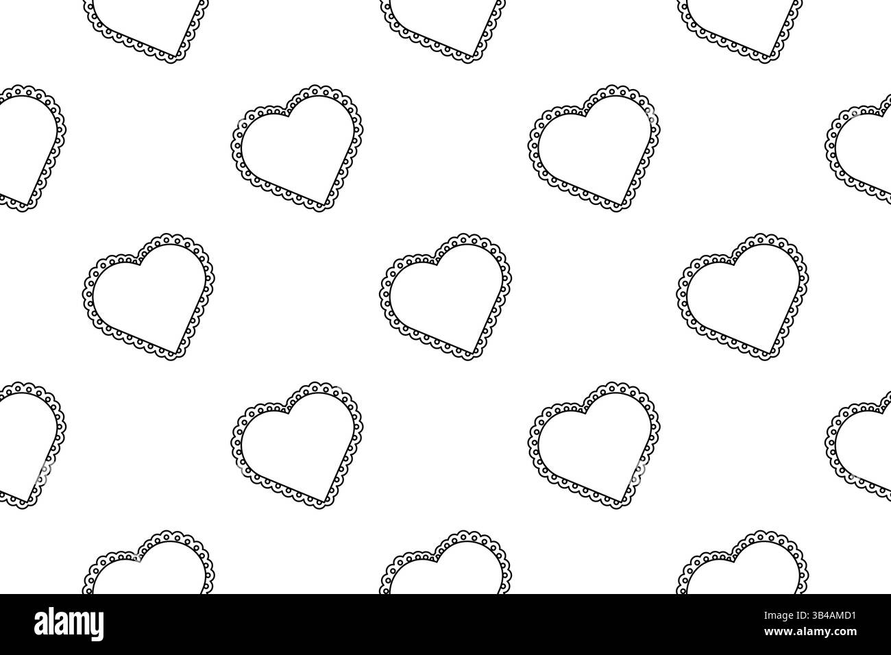 Nahtloses Muster, Ausmalseite mit vielen Spitzen-Herzen. Abstrakter geometrischer Hintergrund. Perfekt für die Unterhaltung von Kindern, Schwarz-weiß-Designs, rom Stock Vektor