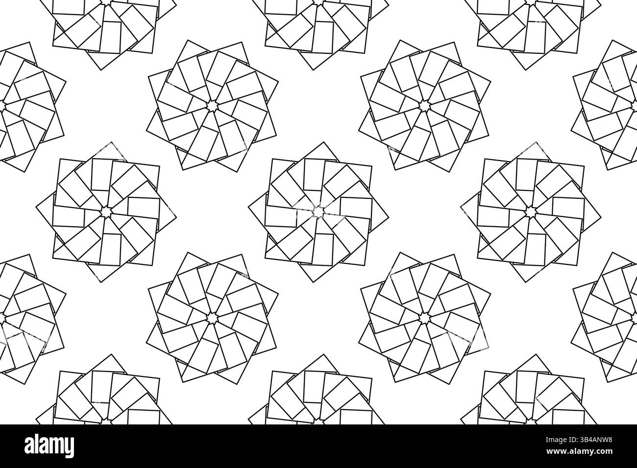 Nahtlose Ausmalseite mit geometrischem Blumenmuster und sich überschneidenden quadratischen Mustern. Abstrakter Hintergrund. Perfekt für die Unterhaltung von Kindern, schwarz A Stock Vektor