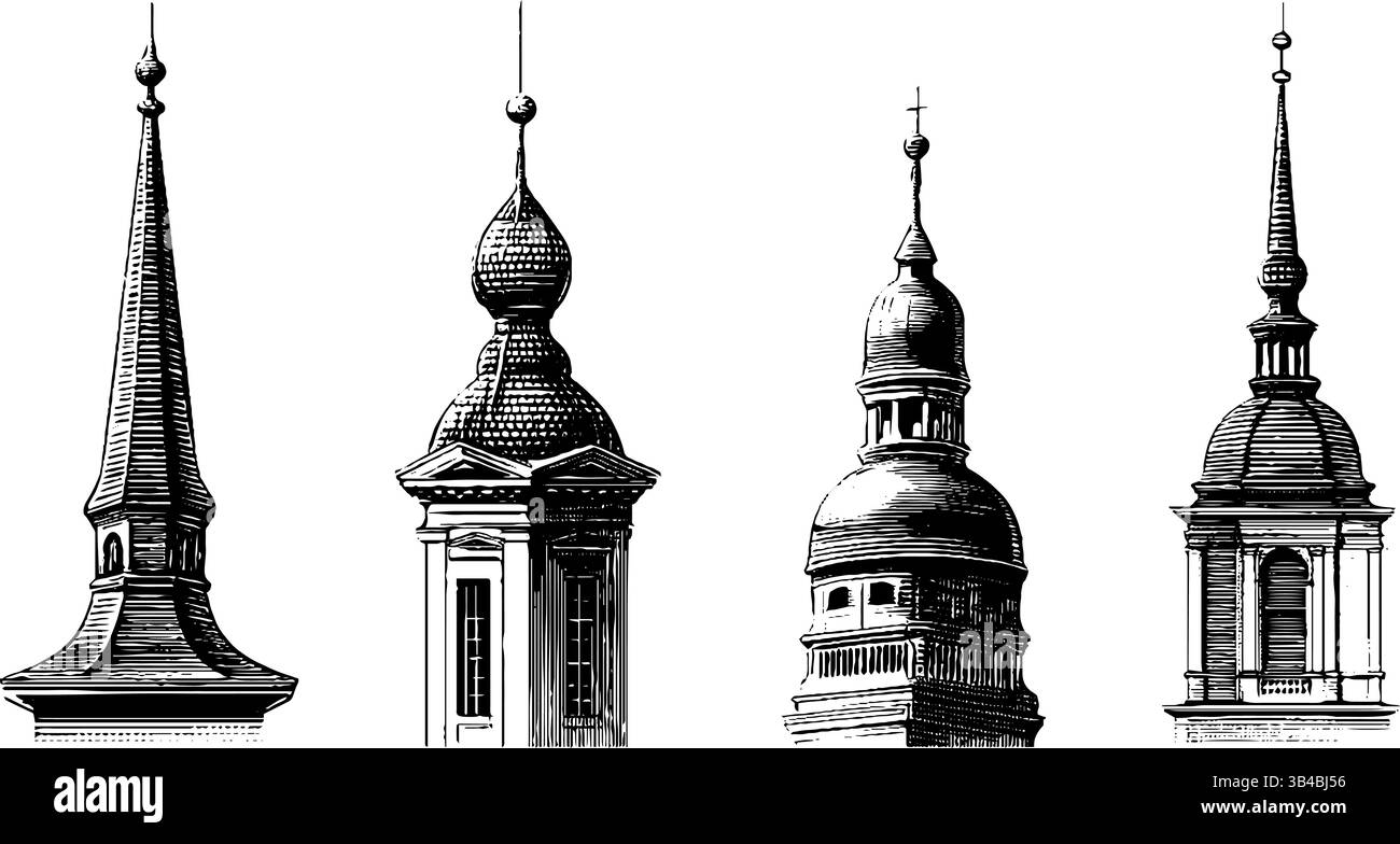 Vintage-Architekturstiche von Türmen und Zinnen für Design und Dekoration. Stock Vektor
