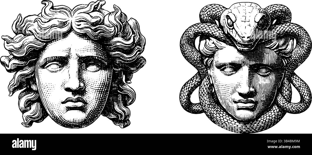 Mythologische Gorgon- und medusa-Stiche für historische Kunst. Stock Vektor