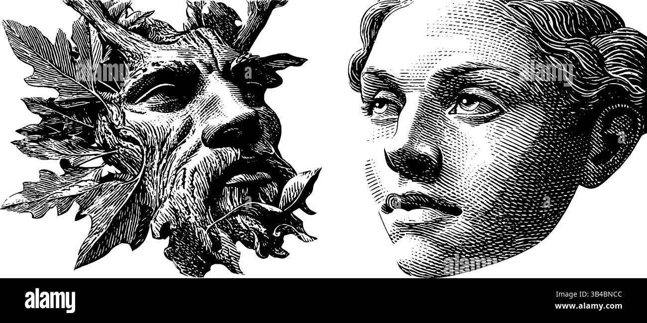 Gravierte Illustrationen von Gesichtern von Trockenheit und Baumgeist für mythologische Kunstsammlungen. Stock Vektor
