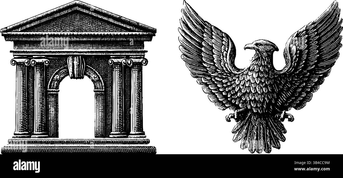 Gravierte architektonische und symbolische Illustration mit Triumphbogen und Adlerdesign. Stock Vektor