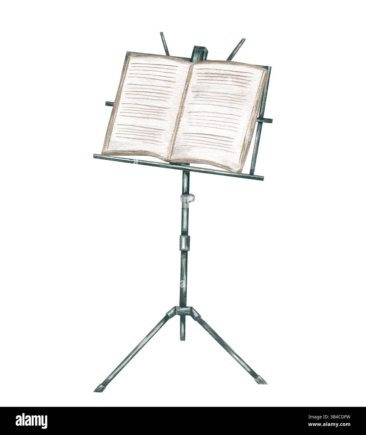 Musikständer aus schwarzem Metall mit offenem Notizbuch Aquarellabbildung isolierter Hintergrund. Notenblätter auf verstellbarem Stativhalter für Konzert Stockfoto