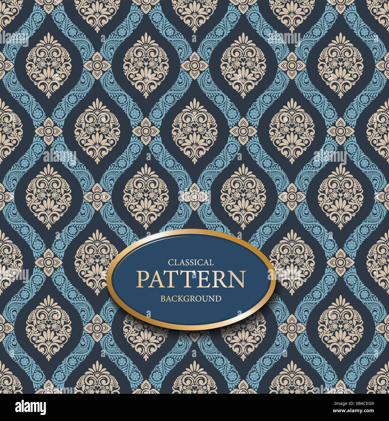 Ovales nahtloses Ogee-Muster mit hellblauem Rahmen und orangefarbenem Mittelmotiv für Dekorationen, Tapeten, Stoffdrucke, Textilien, Geschenkpapier, ein Stock Vektor