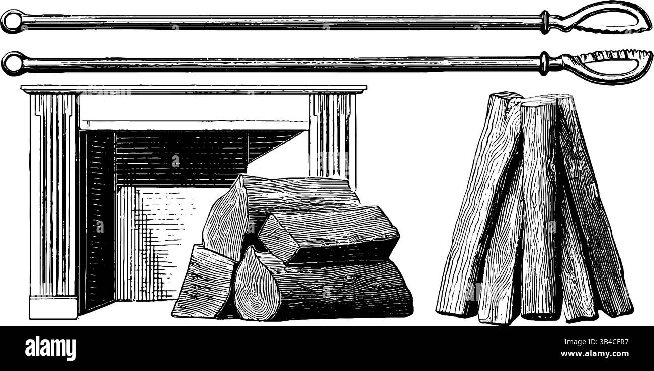 Vintage-Illustrationsset mit gravierten Kaminutensilien und Werkzeugen. Stock Vektor