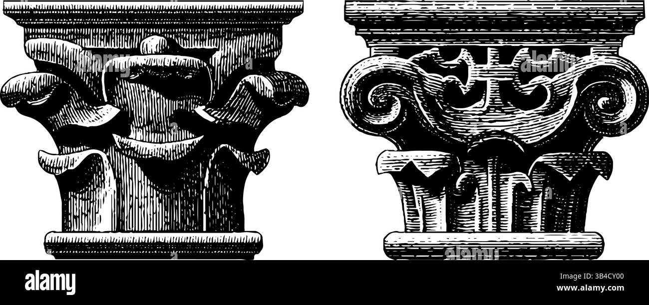 Klassische Architekturelemente: Komplexe Triglyphen- und Metopengravuren. Stock Vektor