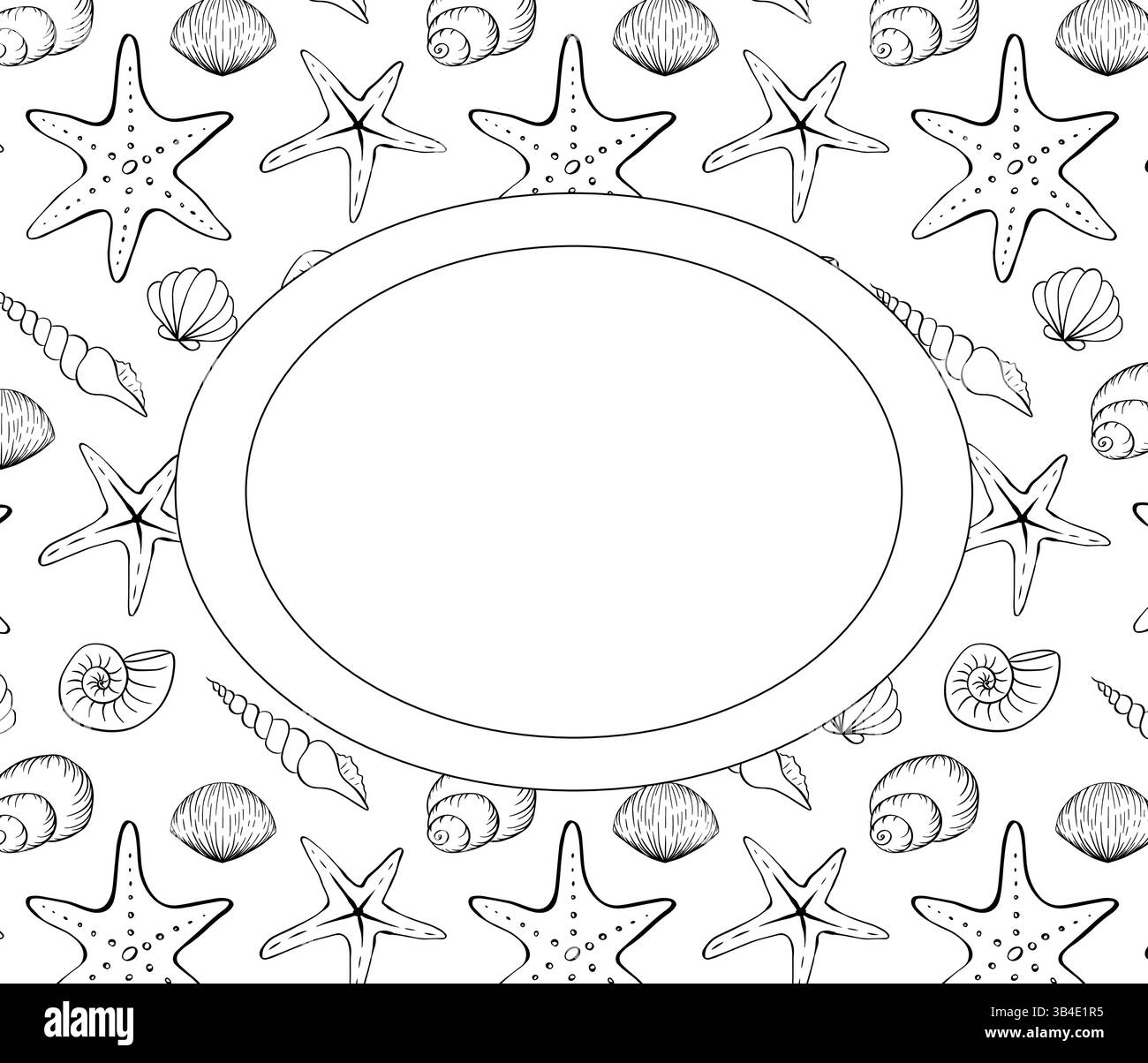 Ovaler Rahmen mit verschiedenen Muscheln. Handgezeichnete Tintendarstellung. Schwarz-weiß. Vektorbanner, Poster, Geschenkpapier, Aufkleber, Druck, moderner Text Stock Vektor