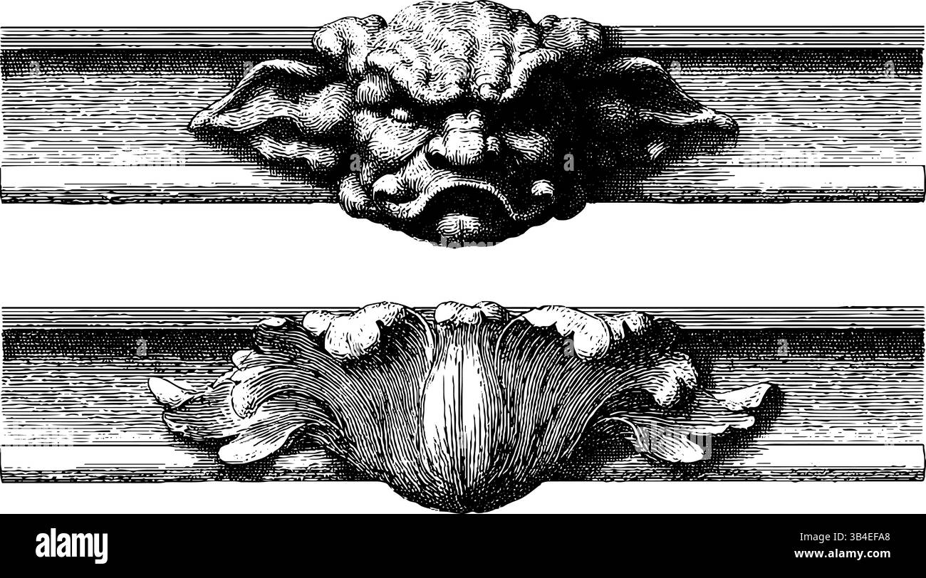 Detaillierte Gravur von Gargoyle- und Wasserauslauf-Designs für architektonische Dekoration. Stock Vektor