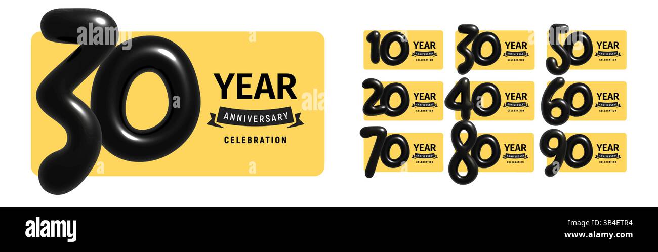 Hochglanzschwarz Ballon Zahlen Jubiläumsset. Elegante, auffällige Typografie für Grußkarten, Einladungen, Banner, Geburtstage oder Stock Vektor