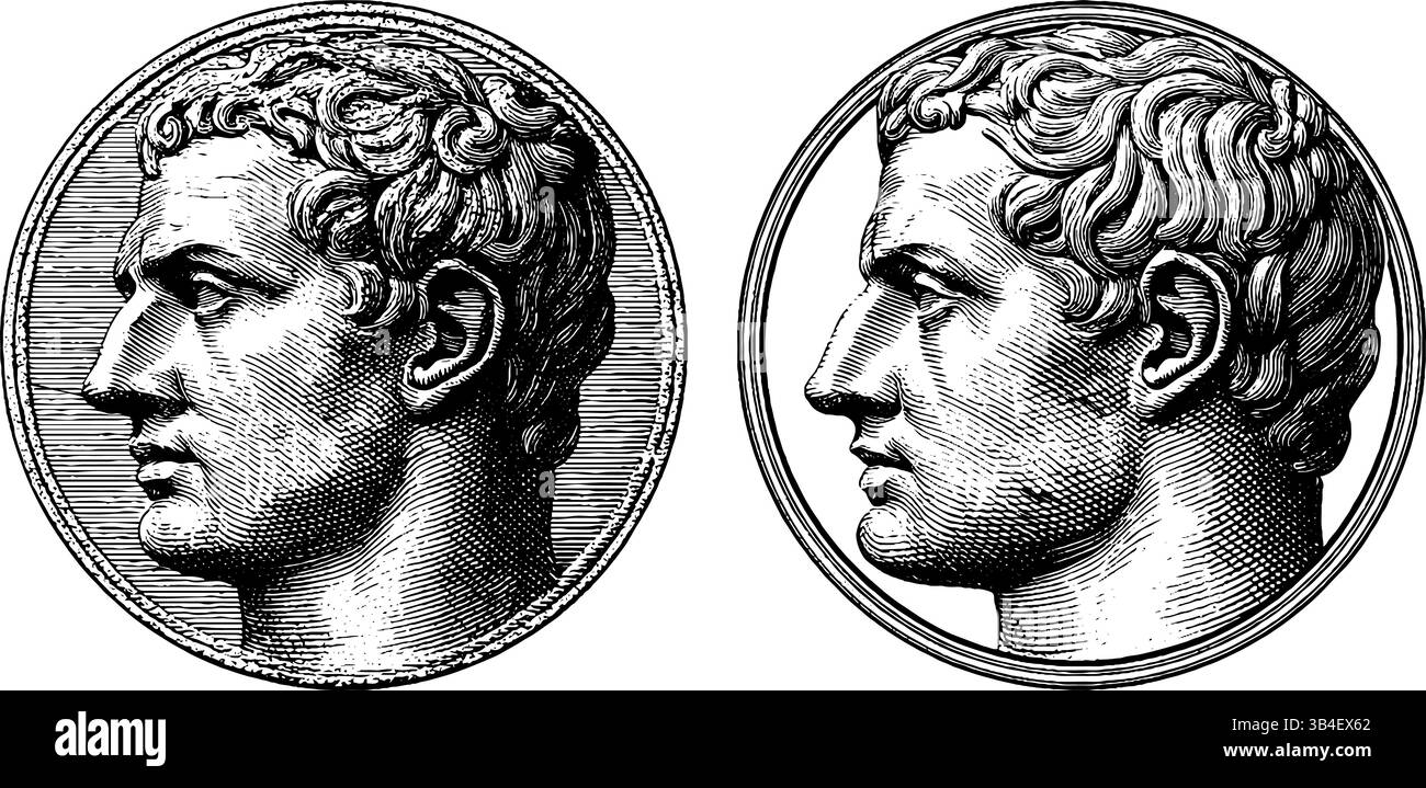 Illustration mit römischer Münze und Büste für historische Kunst und Design. Stock Vektor