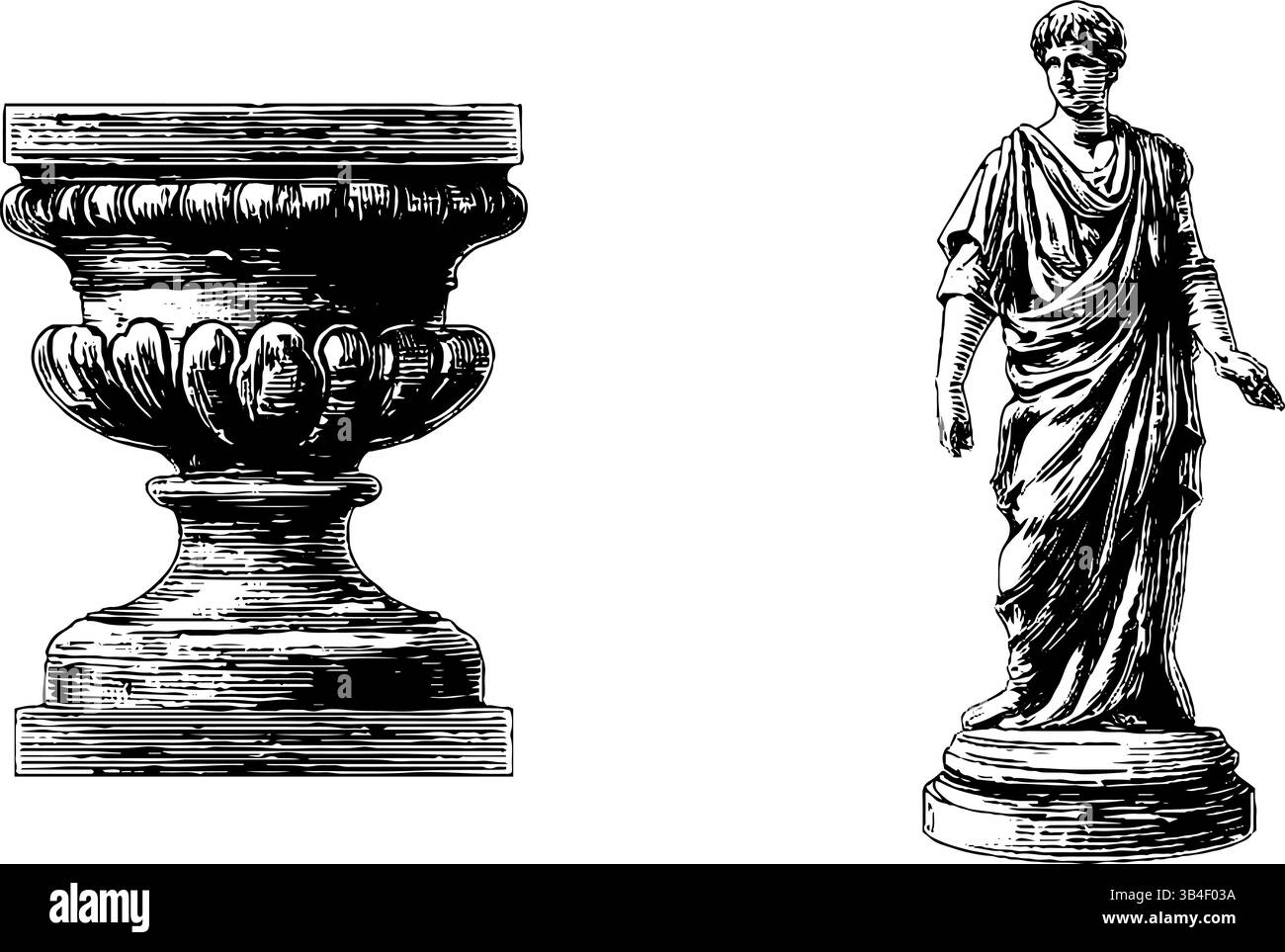 Klassisches Set mit gravierten Illustrationen aus Sockel und antiker Statue für künstlerisches Design und Präsentation. Stock Vektor