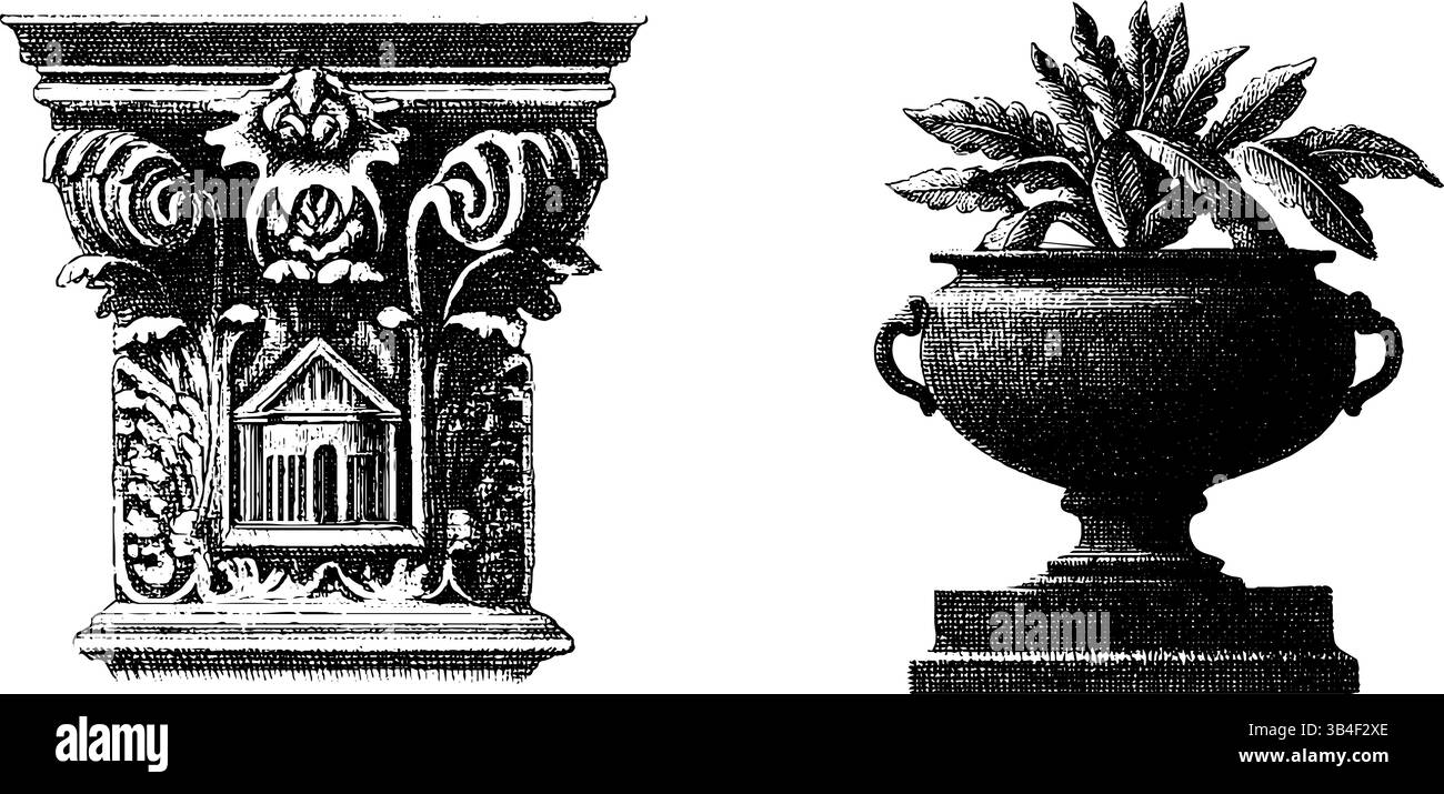 Gravierte Vintage-Illustrationen der Tempelarchitektur und kunstvoll verzierte Vasen. Stock Vektor