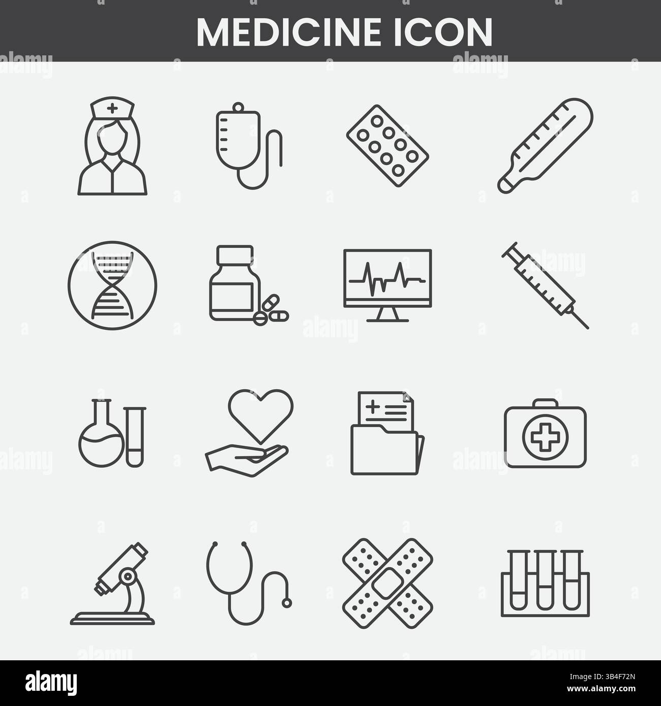 Minimalistisches medizinisches Symbol-Set: Gesundheitssymbole, Geräte und Diagnosetools in Schwarz-weiß-Linienart Stock Vektor