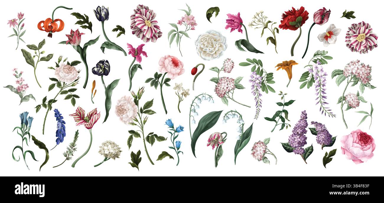 Großes Ölgemälde Rokoko-Stillleben isoliert Blumen. Vektor. Stock Vektor