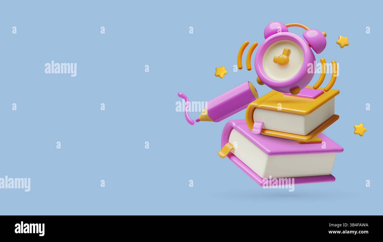 Bildung und Schulhintergrund mit 3D-Vektorbüchern, klingelndem Wecker, Bleistift und Sternen Stock Vektor