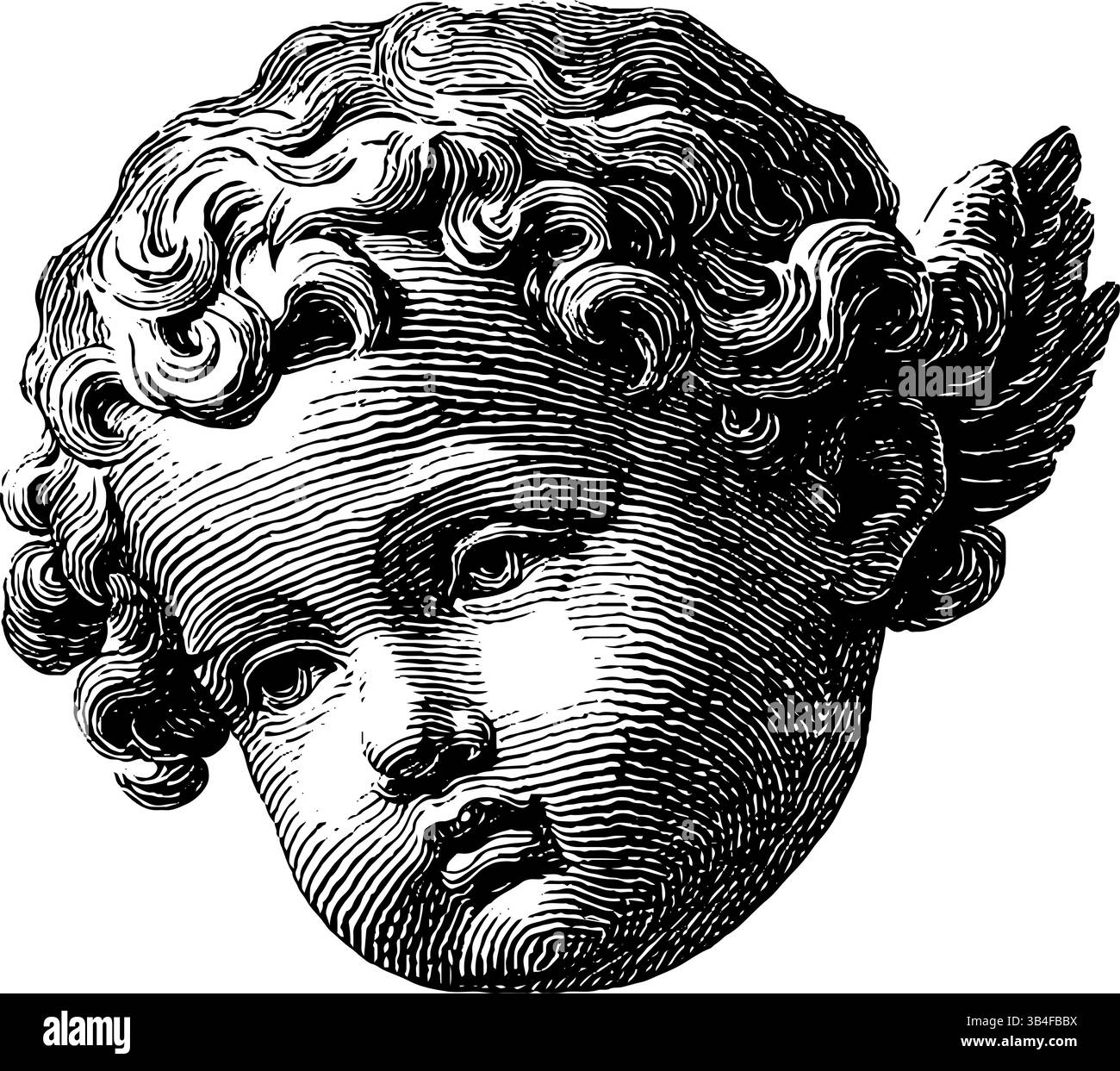 Detailgetreue, gravierte Illustration des Cherub-Kopfes für klassische Kunst und Design. Stock Vektor