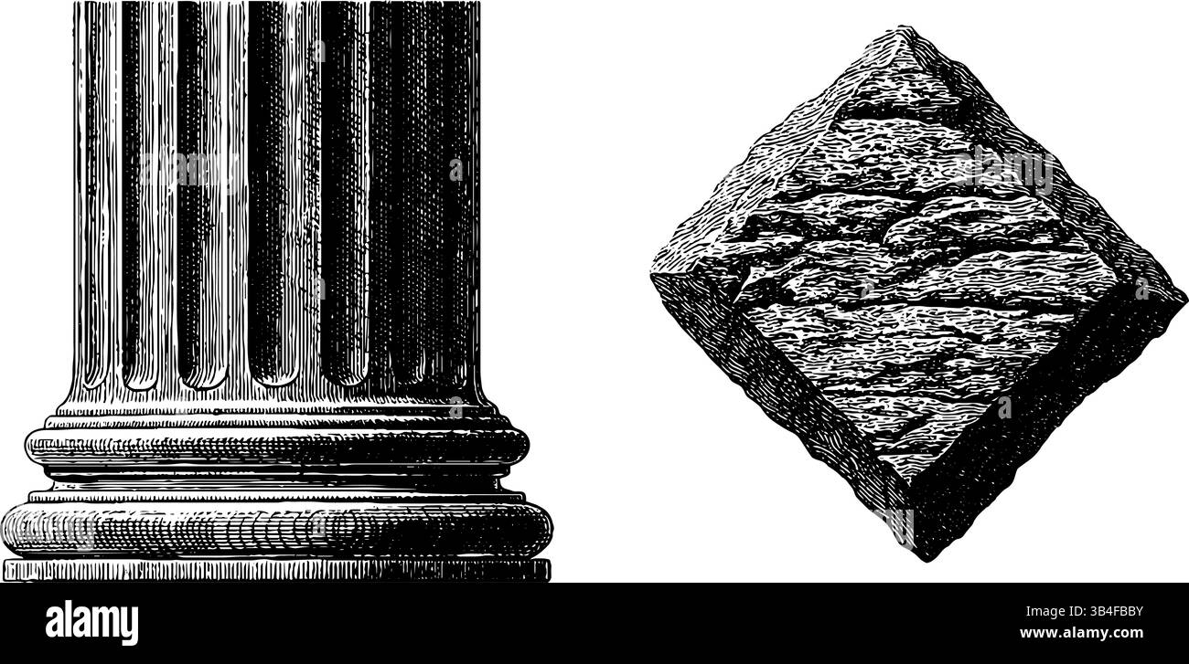 Gravierte Illustration eines antiken Schlusssteins und klassischer Säulendetails für architektonisches Design. Stock Vektor