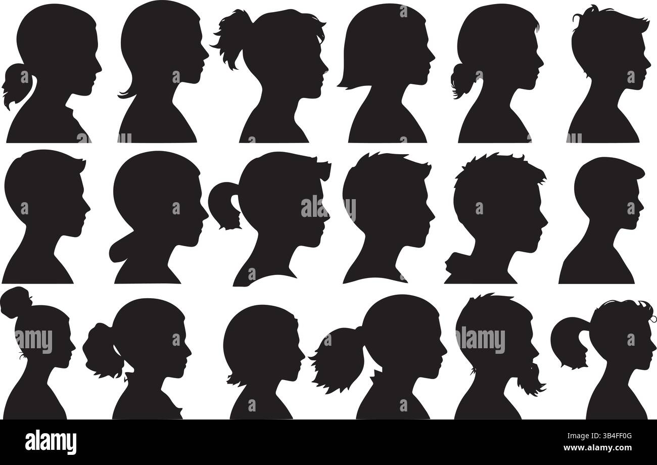 Verschiedene Silhouettenporträts – minimalistische Schwarzweiß-Profile für Identitäts-, Avatar- und zeitgenössische Kunstdesigns Stock Vektor