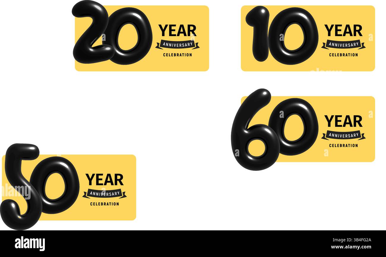 60-jähriges Jubiläum mit glänzenden schwarzen 3D-Zahlen auf gelbem Hintergrund, festlich und elegant. Meilenstein-Event-Design, geeignet für Branding Stock Vektor