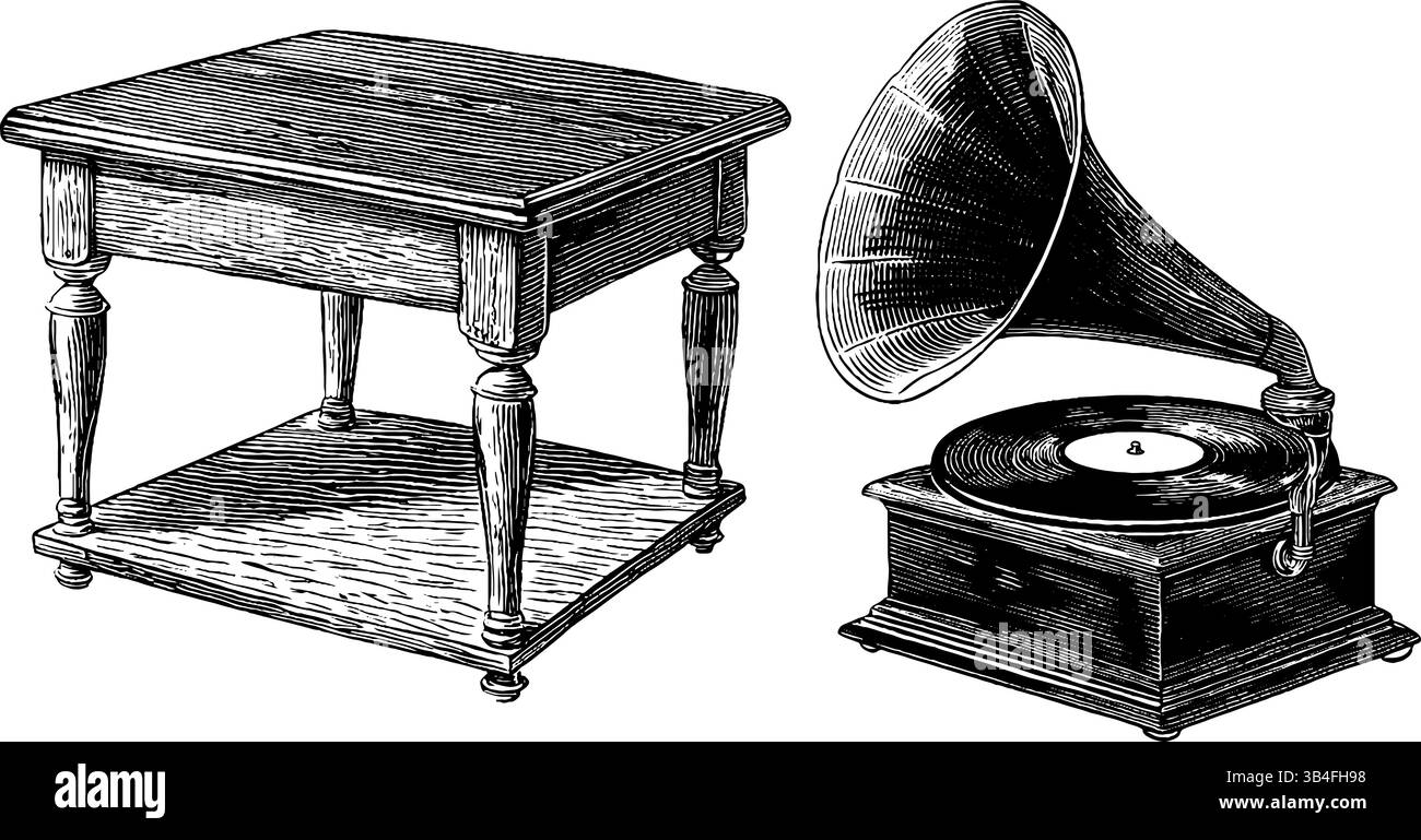 Vintage-gravierte Illustrationen von Beistelltisch und Gramophon für Retro-Designkonzepte. Stock Vektor