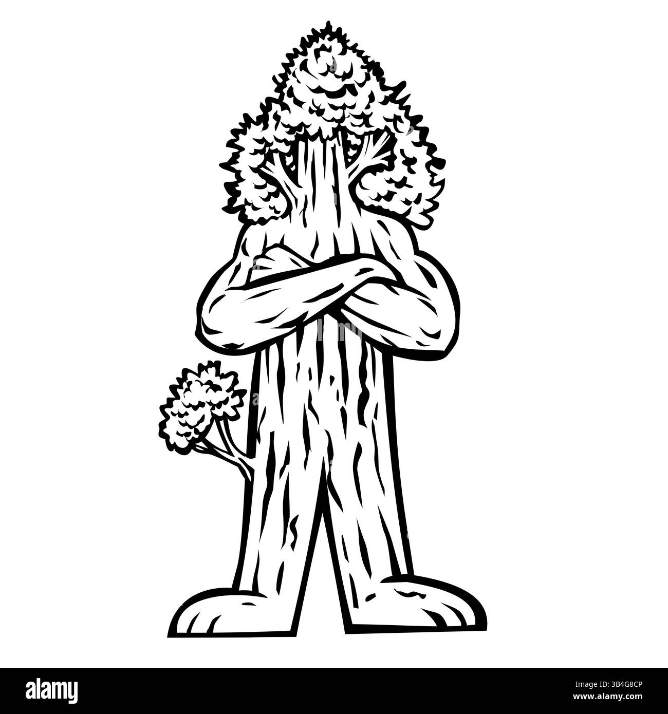 Maskottchen-Illustration eines Mammutbaummannes, einer Unterfamilie von Nadelbäumen innerhalb der Familie Cupressaceae, stehend mit überkreuzten Armen Stock Vektor