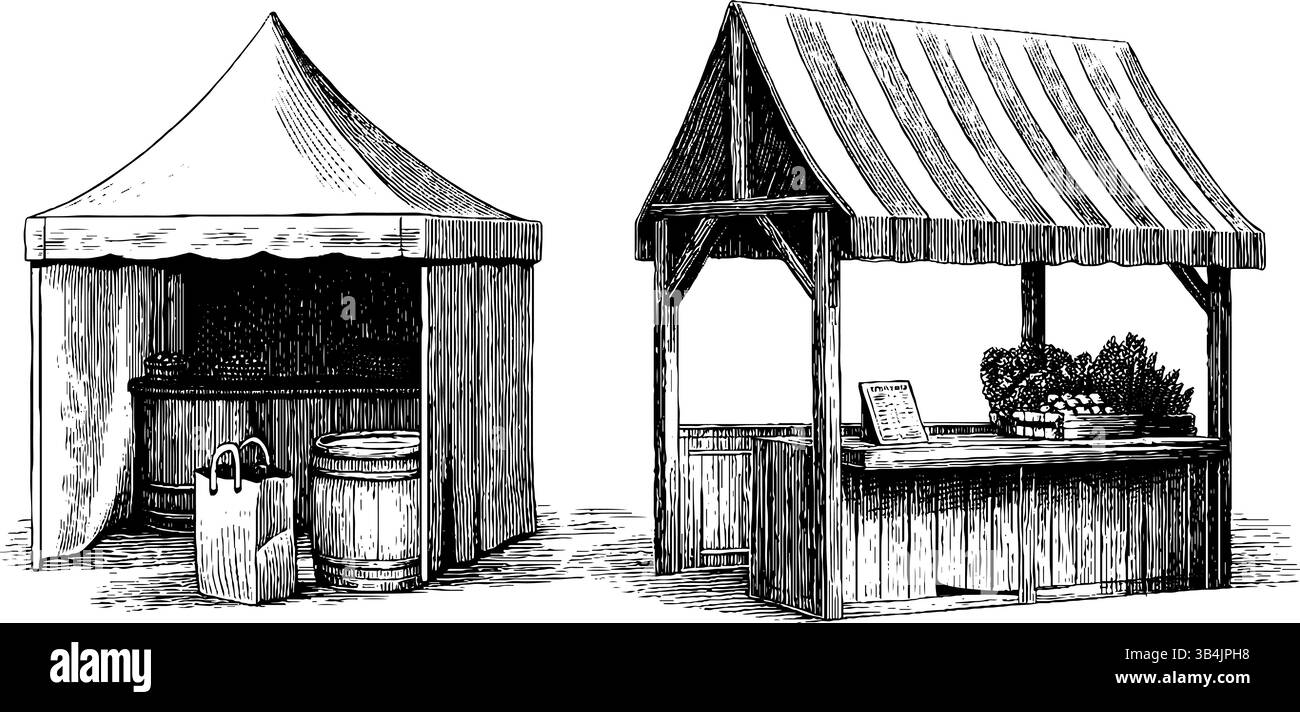 Vintage Marktstände Illustrationsset für Design und Dekoration. Stock Vektor