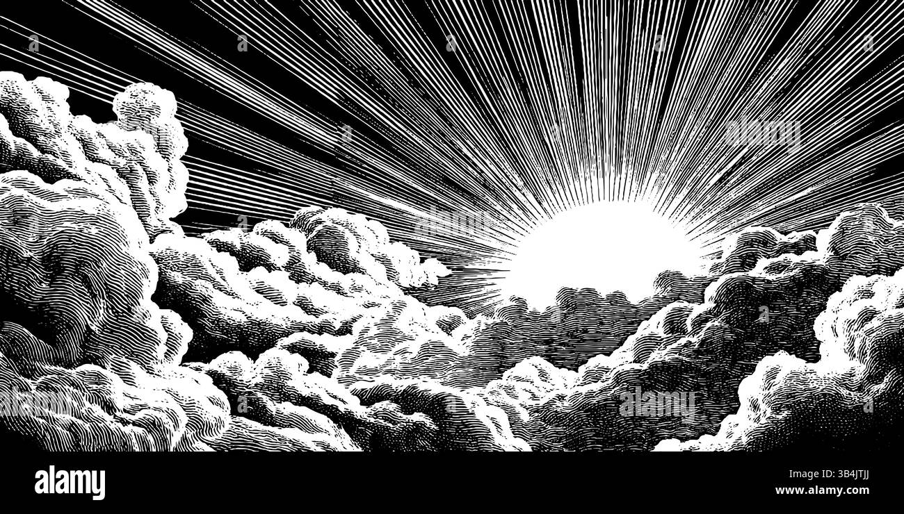 Dramatische Wolkenlandschaft mit strahlendem Sonnenaufgang in graviertem Kunstdesign. Stock Vektor
