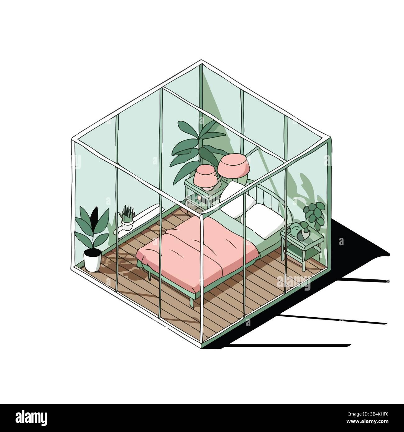 Glashaus im Wald, Wald Karikaturlandschaft Vektor. Glashaus im Sommerwald. Vektor-Zeichentrickillustration des Häuschens mit Fenstern. Stock Vektor