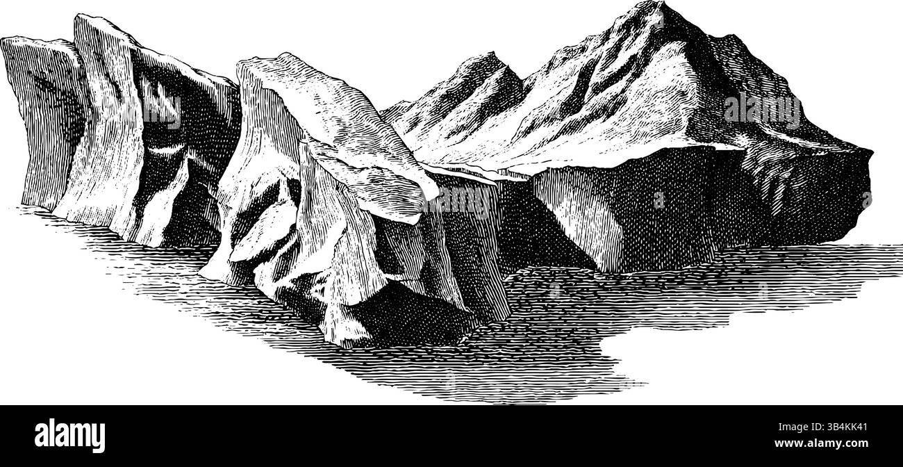 Gravierte Abbildung des Gletschereinsturzes und der Berglandschaft in Schwarz-weiß. Stock Vektor