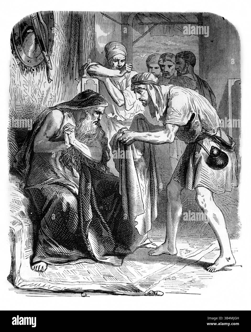 Abbildung von Josephs Brüdern, die den blutigen mehrfarbigen Mantel ihres Vaters Jacob Josephs aus dem antiken 19. Jahrhundert mit der Heiligen Bibel zeigen Stockfoto