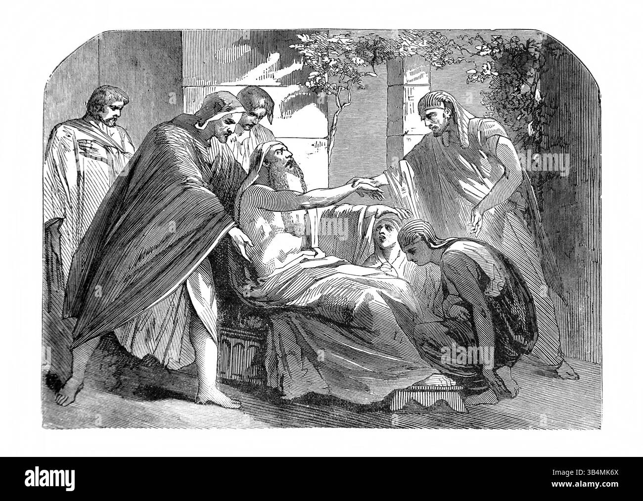 Abbildung von Jakob segnend Ephraim und Manasse (Josephs Söhne) auf seinem Sterbebett (Genesis) aus dem Antiken 19. Jahrhundert die Heilige Bibel enthält die Stockfoto