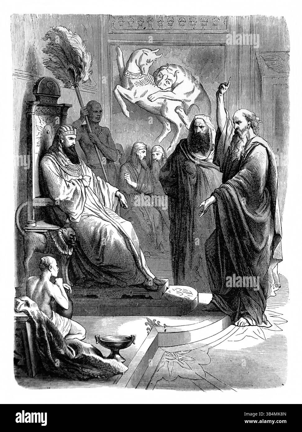 Illustration von Moses und Aaron vor dem Pharao (Exodus) aus dem antiken 19. Jahrhundert die Heilige Bibel enthält das Alte und das neue Testament mit Expla Stockfoto
