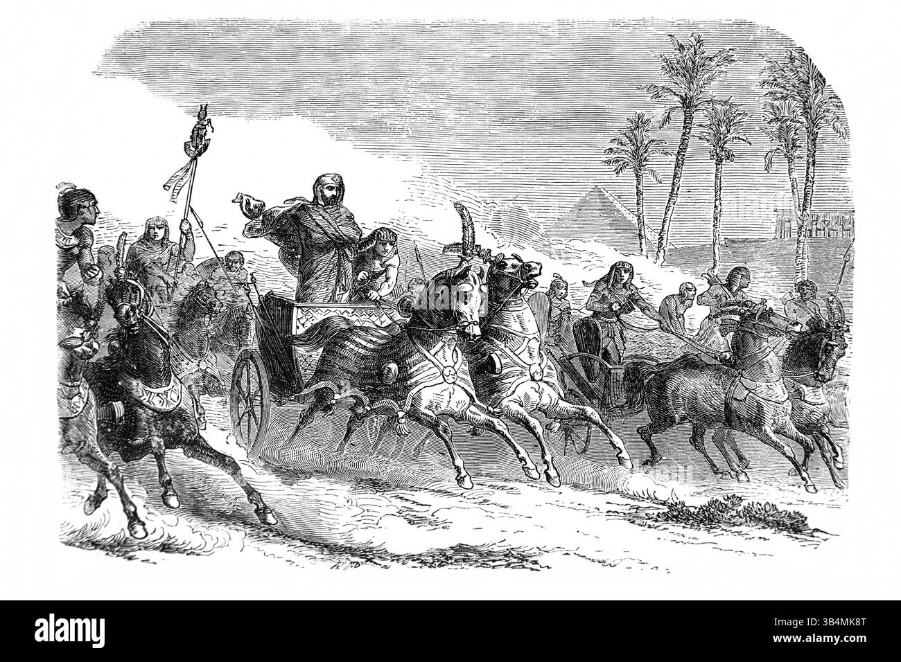 Illustration des Pharao und seiner Heerscharen auf der Suche nach den Israeliten (Exodus) aus dem antiken 19. Jahrhundert die Bibel mit dem Alten und Neuen Testa Stockfoto