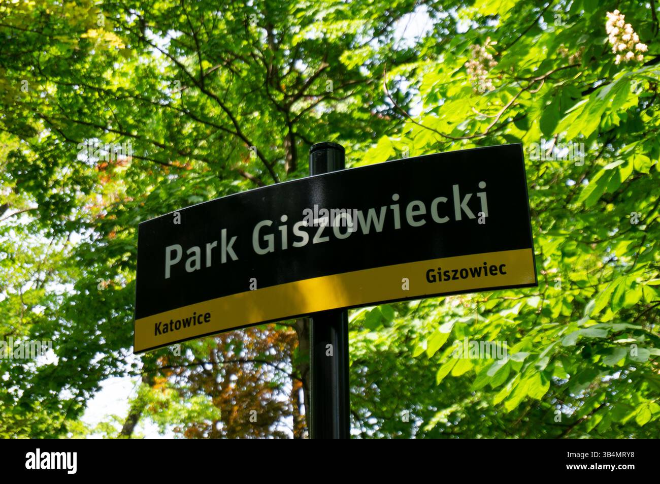Park Giszowiecki, Namensschild, Bezirk Giszowiec. Kattowitz, Polen. Stockfoto