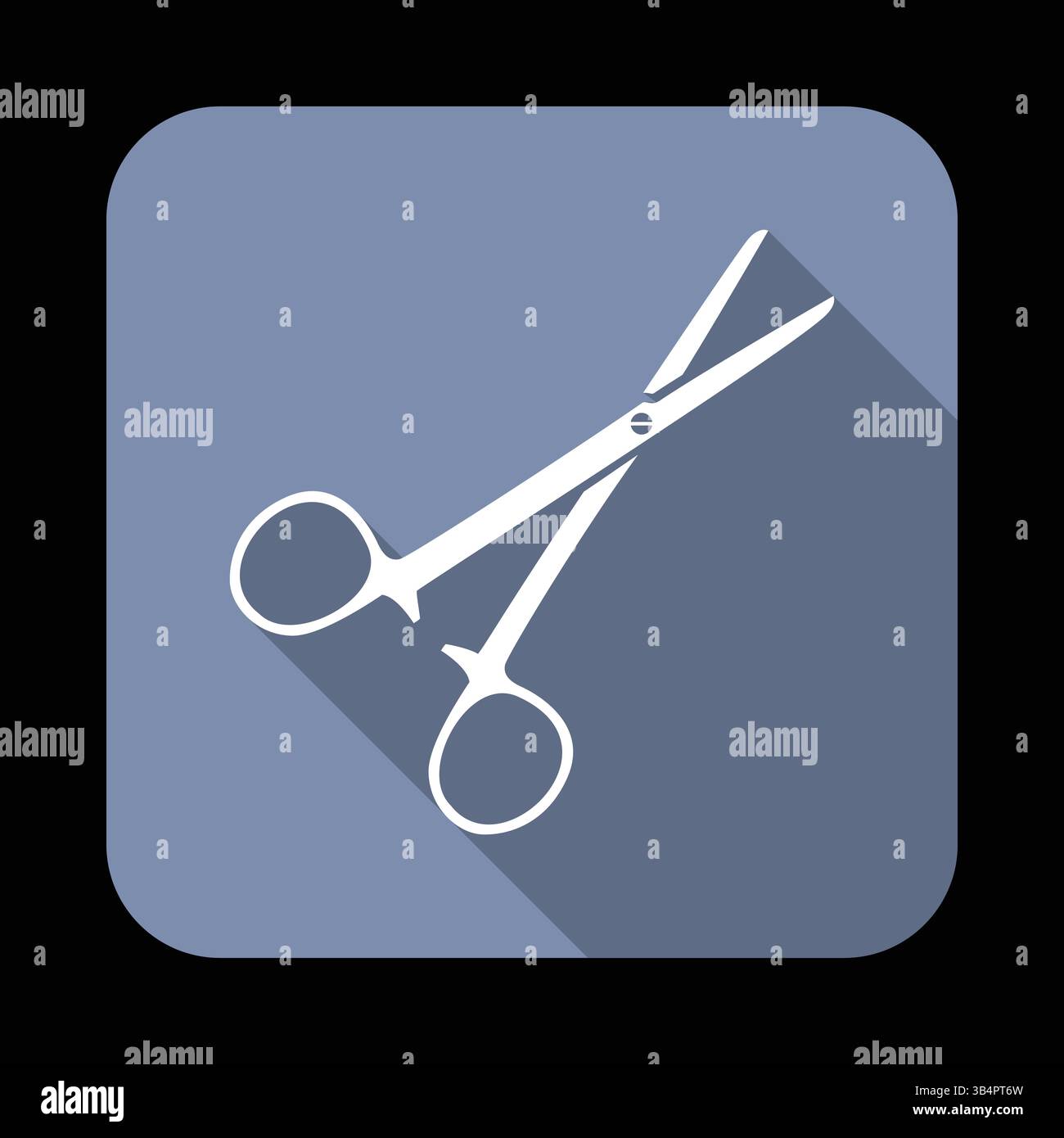 Flaches Symbol der chirurgischen Schere mit langem Schatten auf blauem Hintergrund, das medizinische Werkzeuge, medizinische Geräte und chirurgische Grundlagen darstellt Stock Vektor