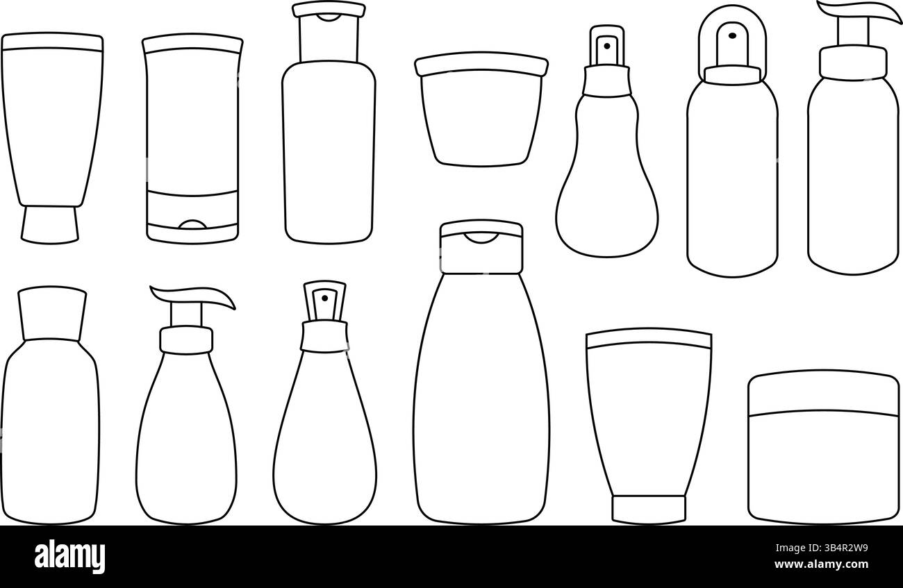 Set aus minimalistischen Flaschen für Hautpflege und Kosmetik in verschiedenen Stilen. Ideal für Kosmetik-, Gesundheits- oder Wellness-Designs. Stock Vektor