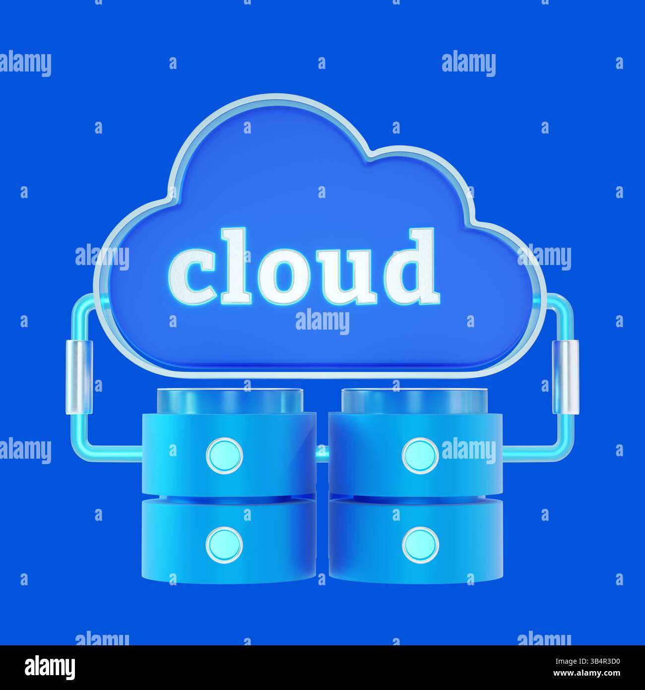 3D-Symbol für Cloud-Computing, das mit einem Servergebäude verbunden ist. Stockfoto