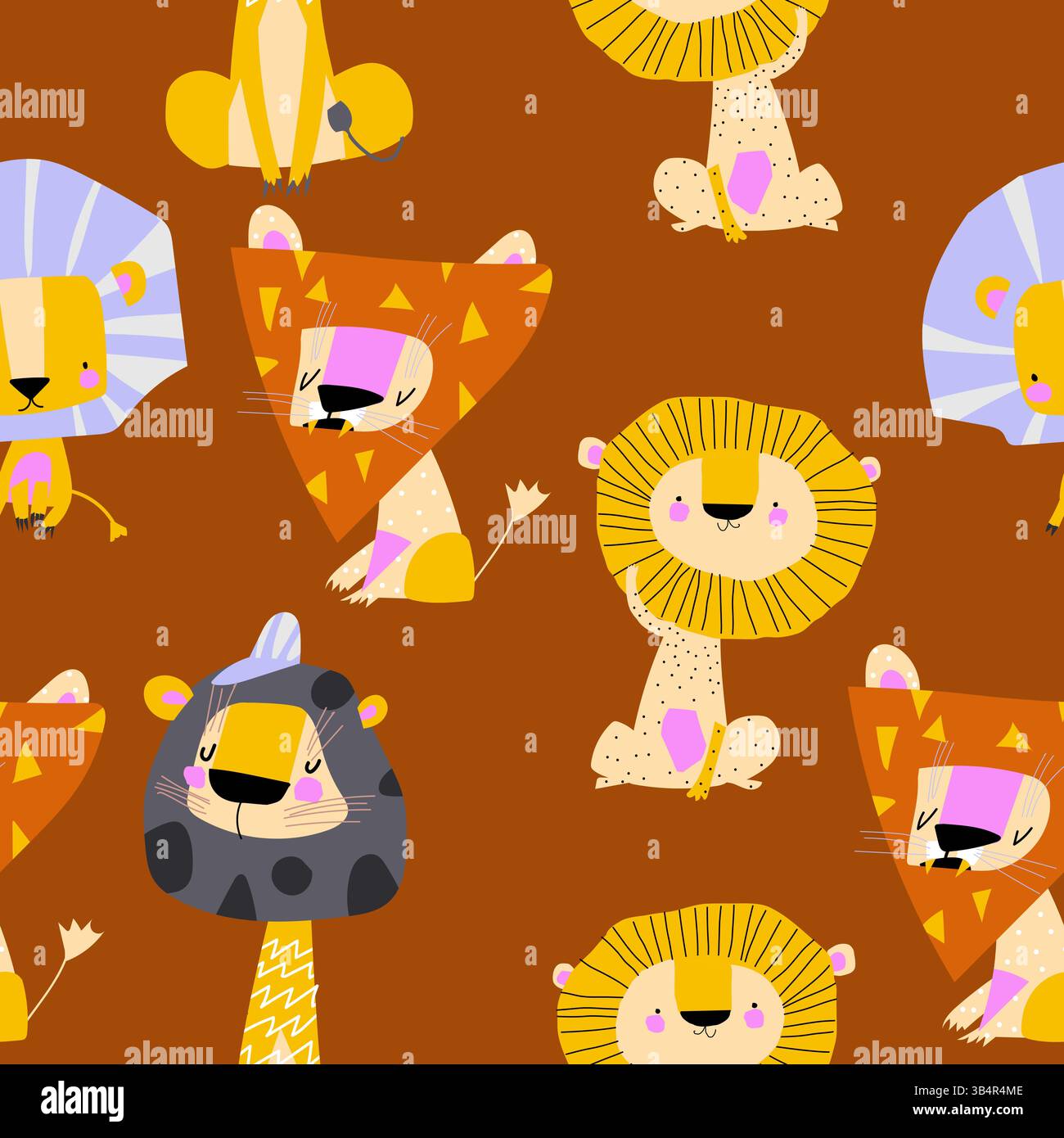 Nahtloses Muster mit niedlichen Cartoon Lions Stock Vektor