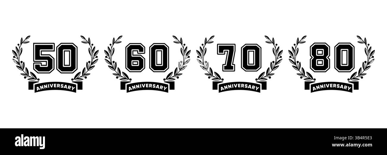 Jubiläumsabzeichen mit Lorbeerkränzen für 50 60 70 80 Jahre Stock Vektor Jubiläumsabzeichen mit Lorbeerkränzen für 50 60 70 80 Jahre Stock Vektor