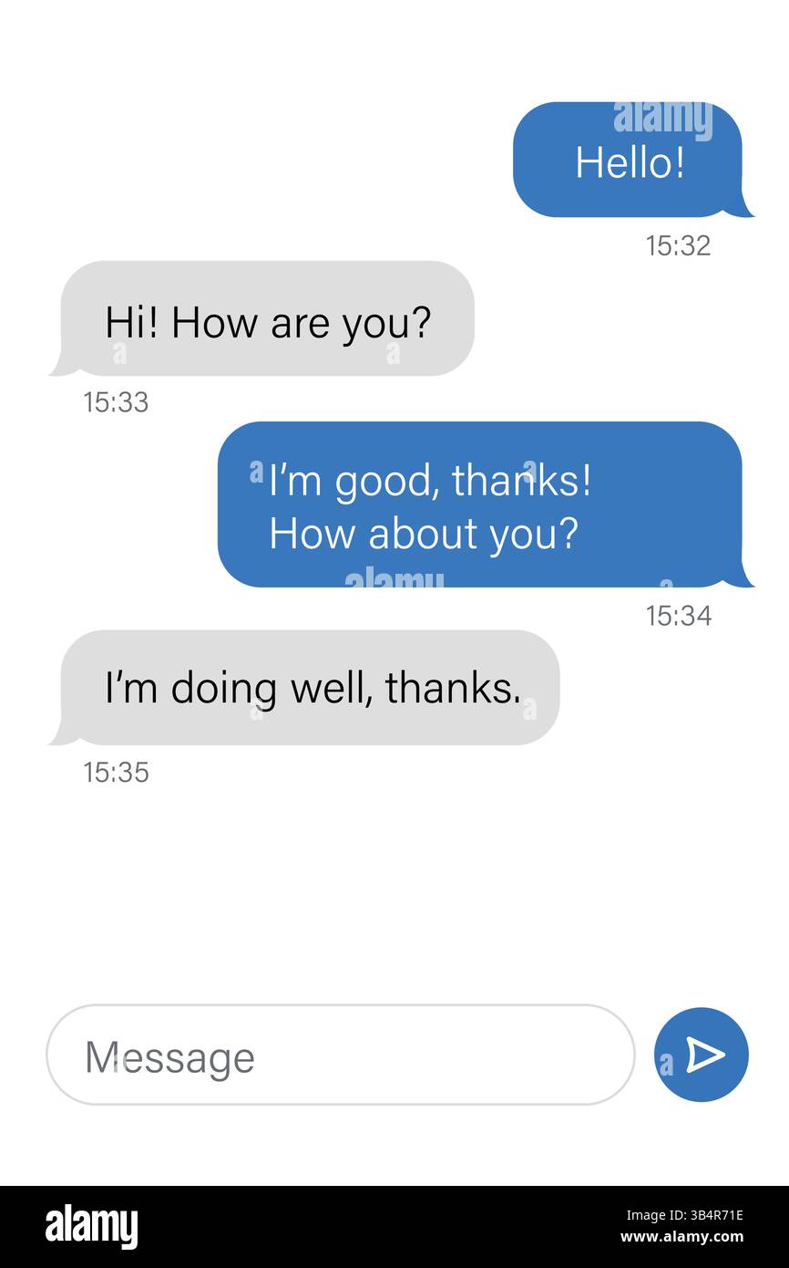 Interaktive Chat-Schnittstelle, die Benutzernachrichten, Sprechblasen, Zeitstempel und Nachrichteneingabefeld anzeigt. Stock Vektor