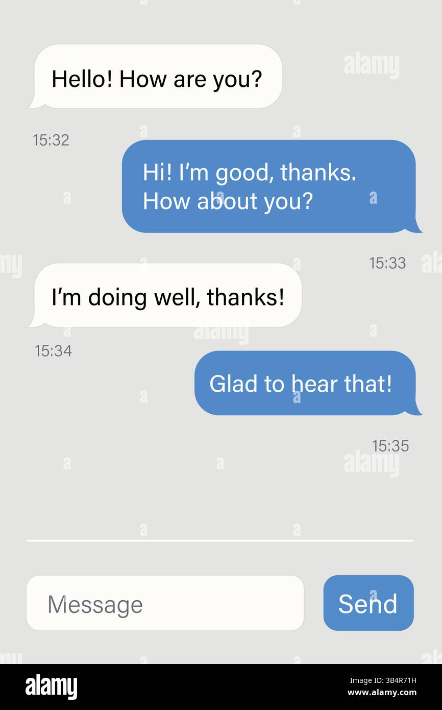 Interaktive Chat-Schnittstelle, die Benutzernachrichten, Sprechblasen, Zeitstempel und Nachrichteneingabefeld anzeigt. Stock Vektor