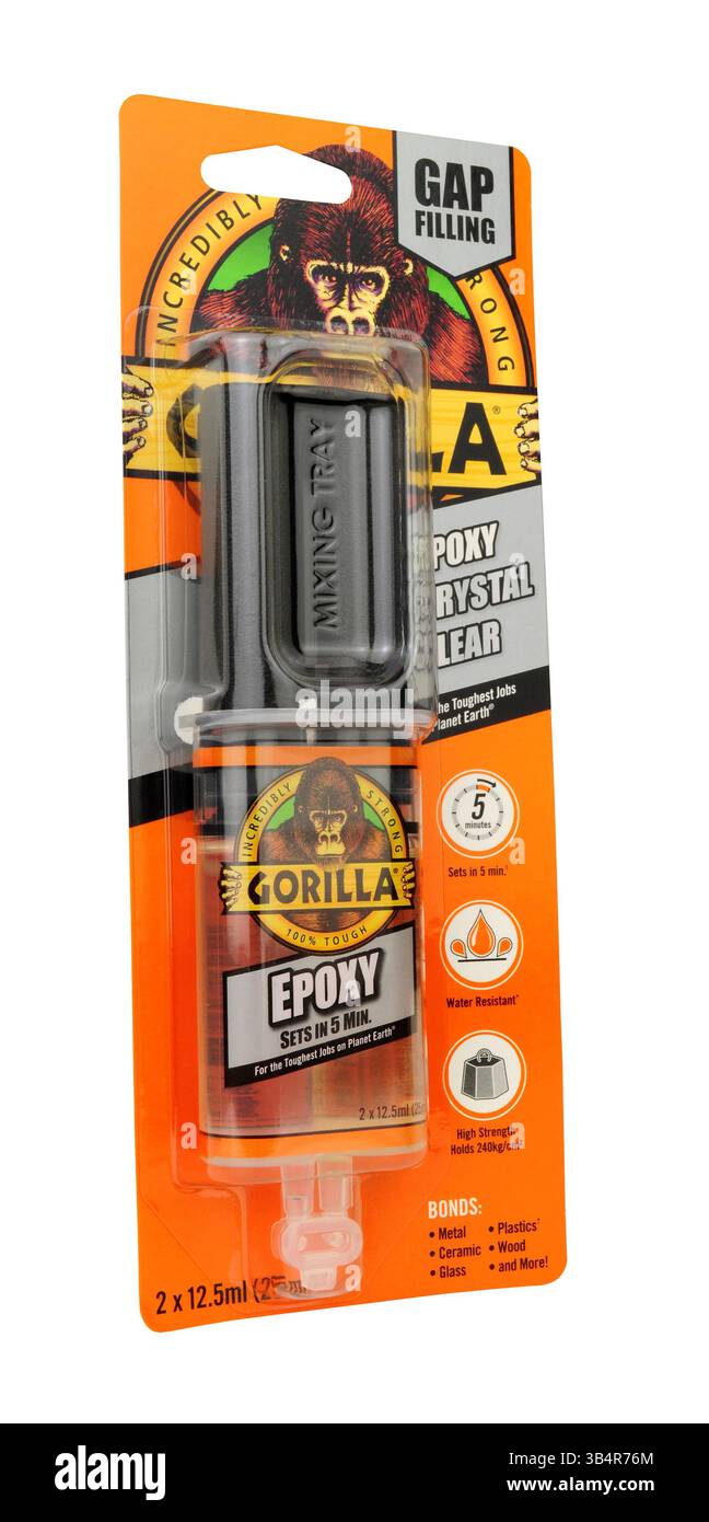Gorilla zweiteiliger kristallklarer Epoxidkleber in einer 25-ml-Packung Stockfoto