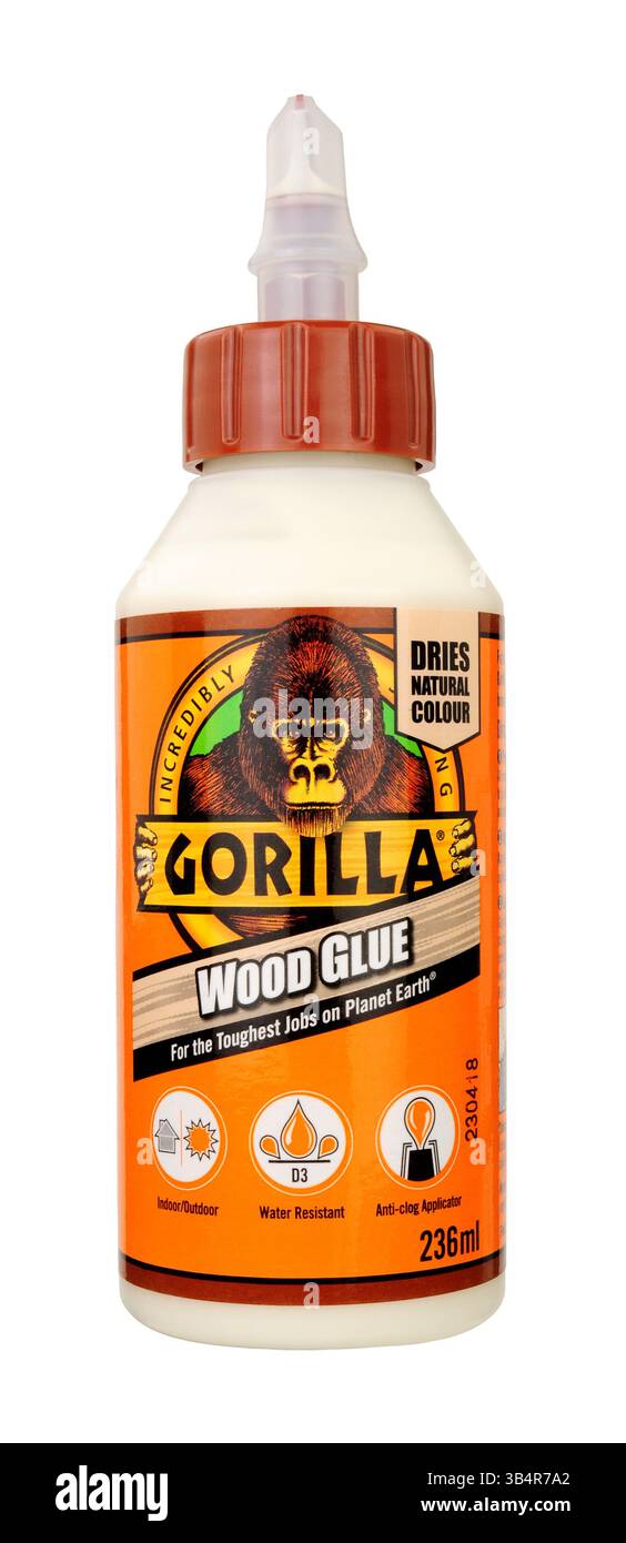 Gorilla-Holzleim für Innen- und Außenanwendungen in einer 236-ml-Kunststoffflasche Stockfoto