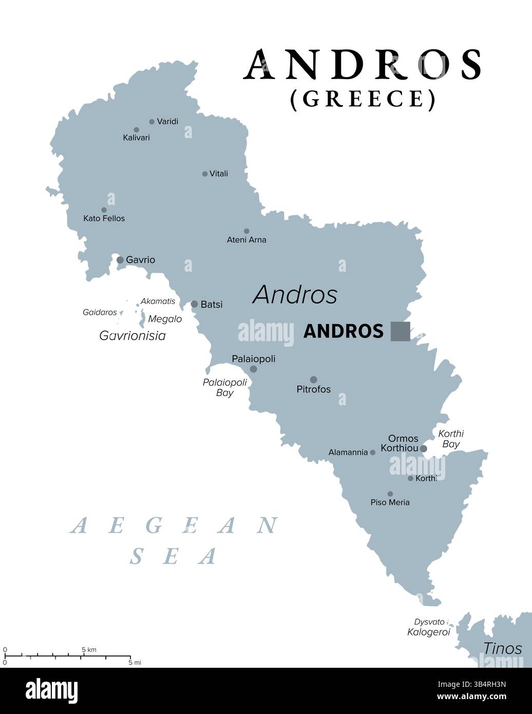 Andros, griechische Insel, graue politische Karte. Nördlichste Insel des Kykladen-Archipels in der Ägäis, nördlich von Tinos. Stockfoto