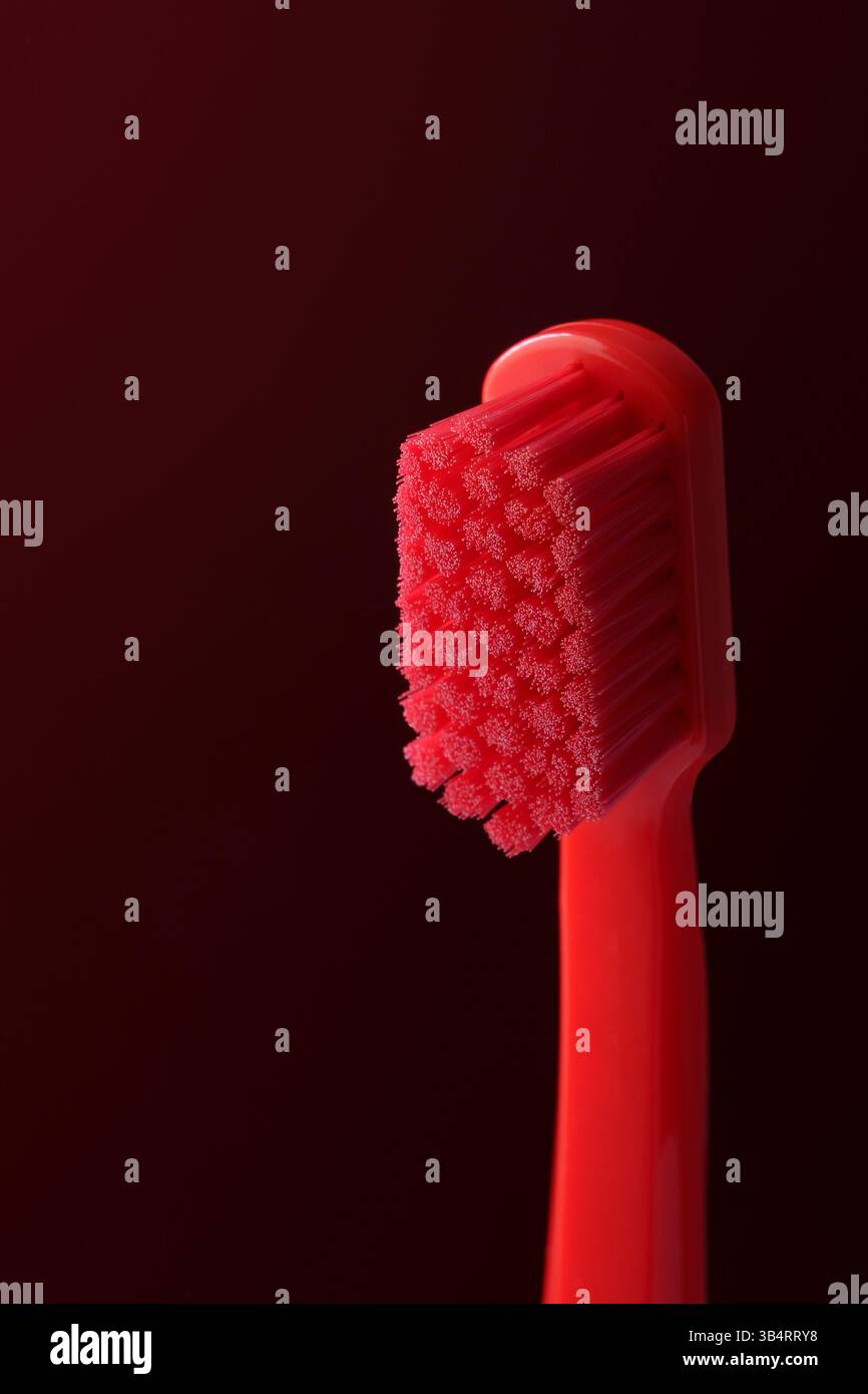 Makroaufnahme einer roten Zahnbürste. Dramatisches Foto mit Details der Borsten. Stomatologe. So wählen Sie eine Zahnbürste aus. Stockfoto