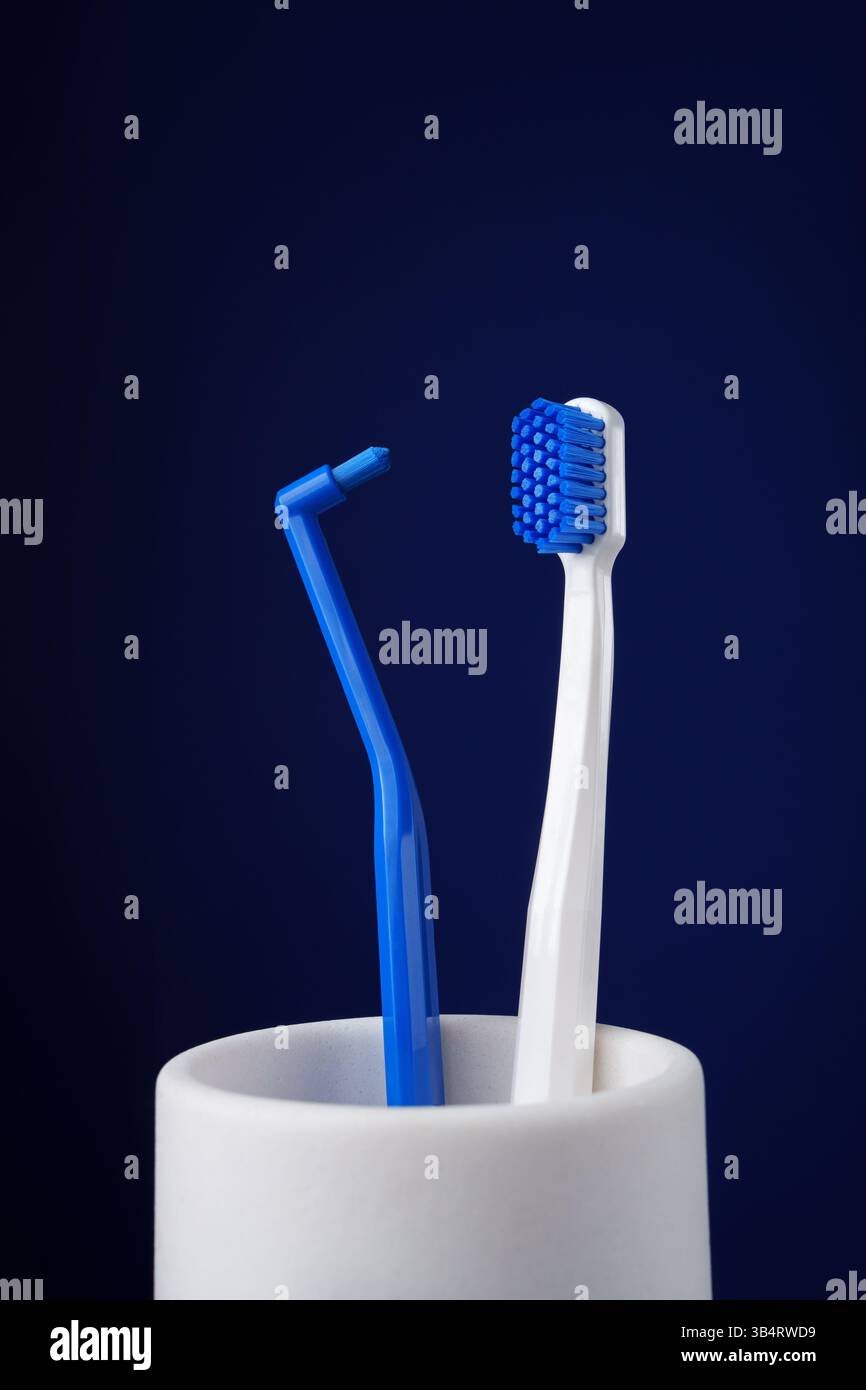 Werbebanner. Eine Zahnbürste mit einer Monofilamentbürste in einem weißen Becher auf dunkelblauem Hintergrund. Stockfoto